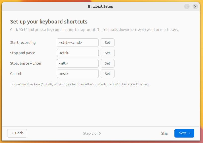 Setup — Keyboard shortcuts