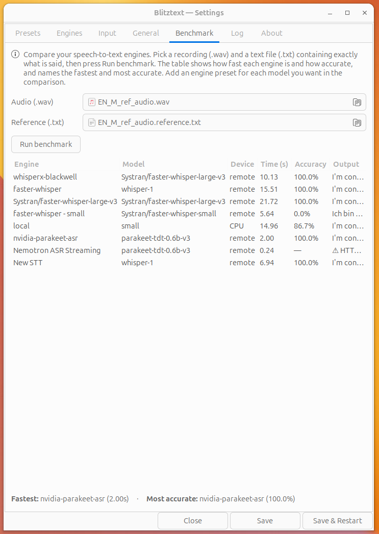 Benchmark settings tab