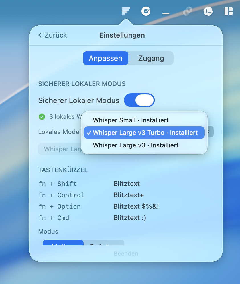 Blitztext local model picker
