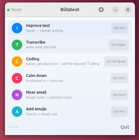 Blitztext control panel