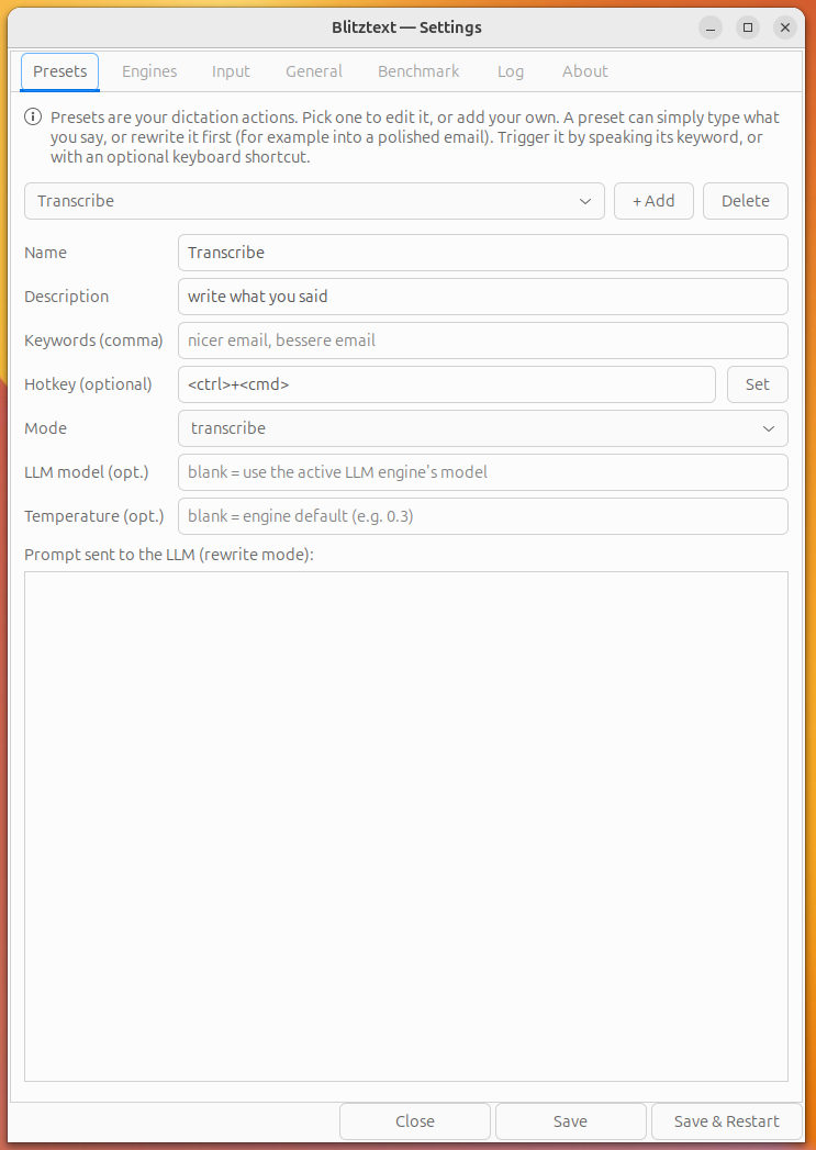 Presets settings tab