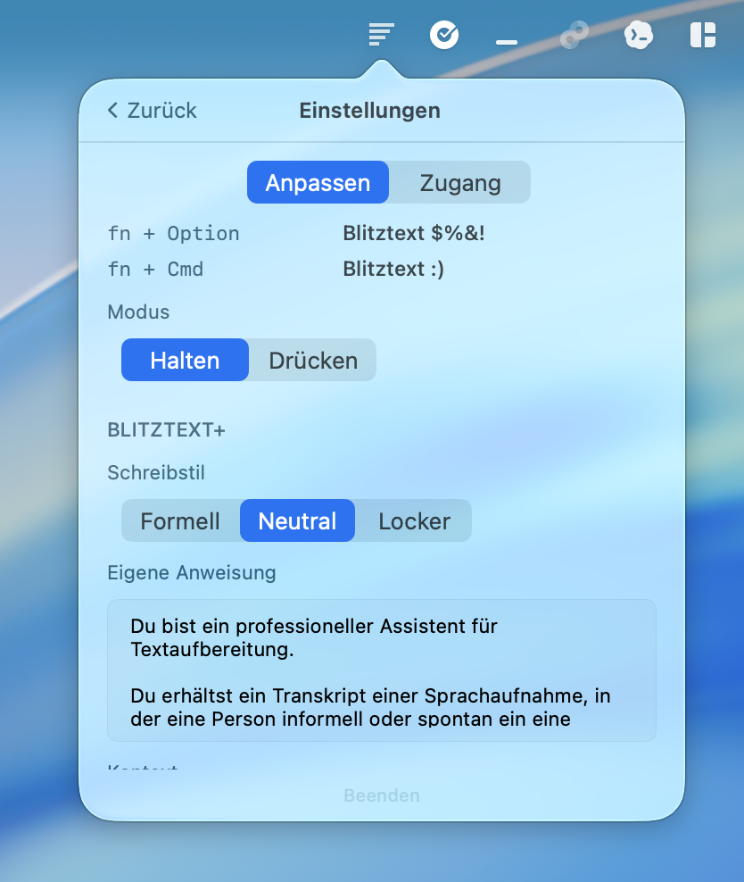 Blitztext settings and customization view