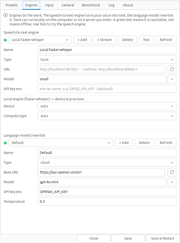 Engines settings tab