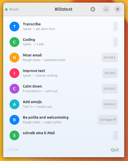 Blitztext control panel