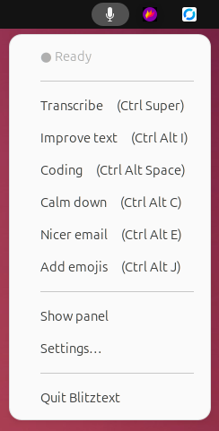 Blitztext system-tray menu